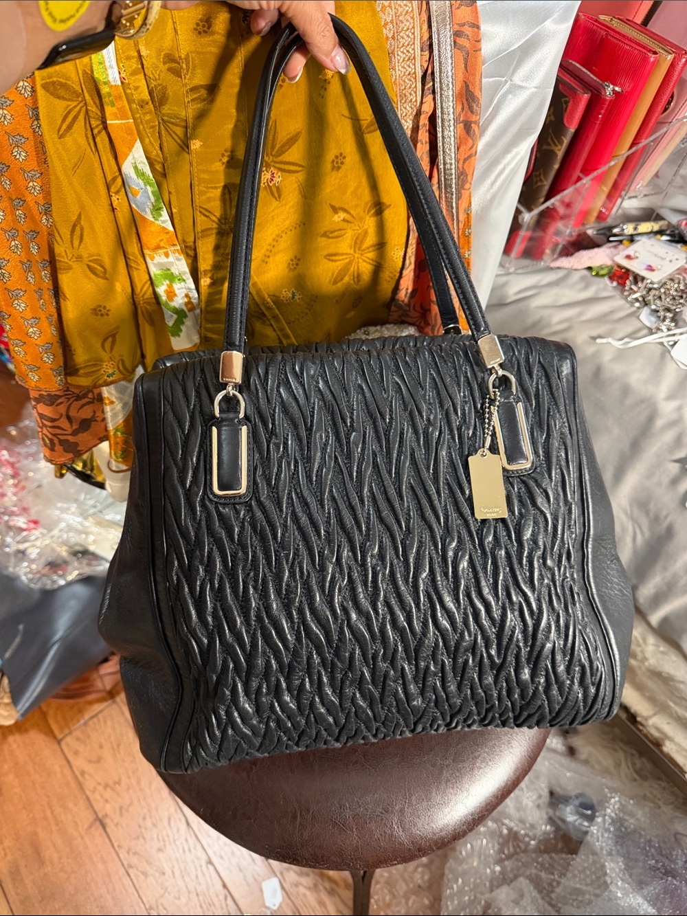 Coach Black Textured Leather Satchel with Gold Accents